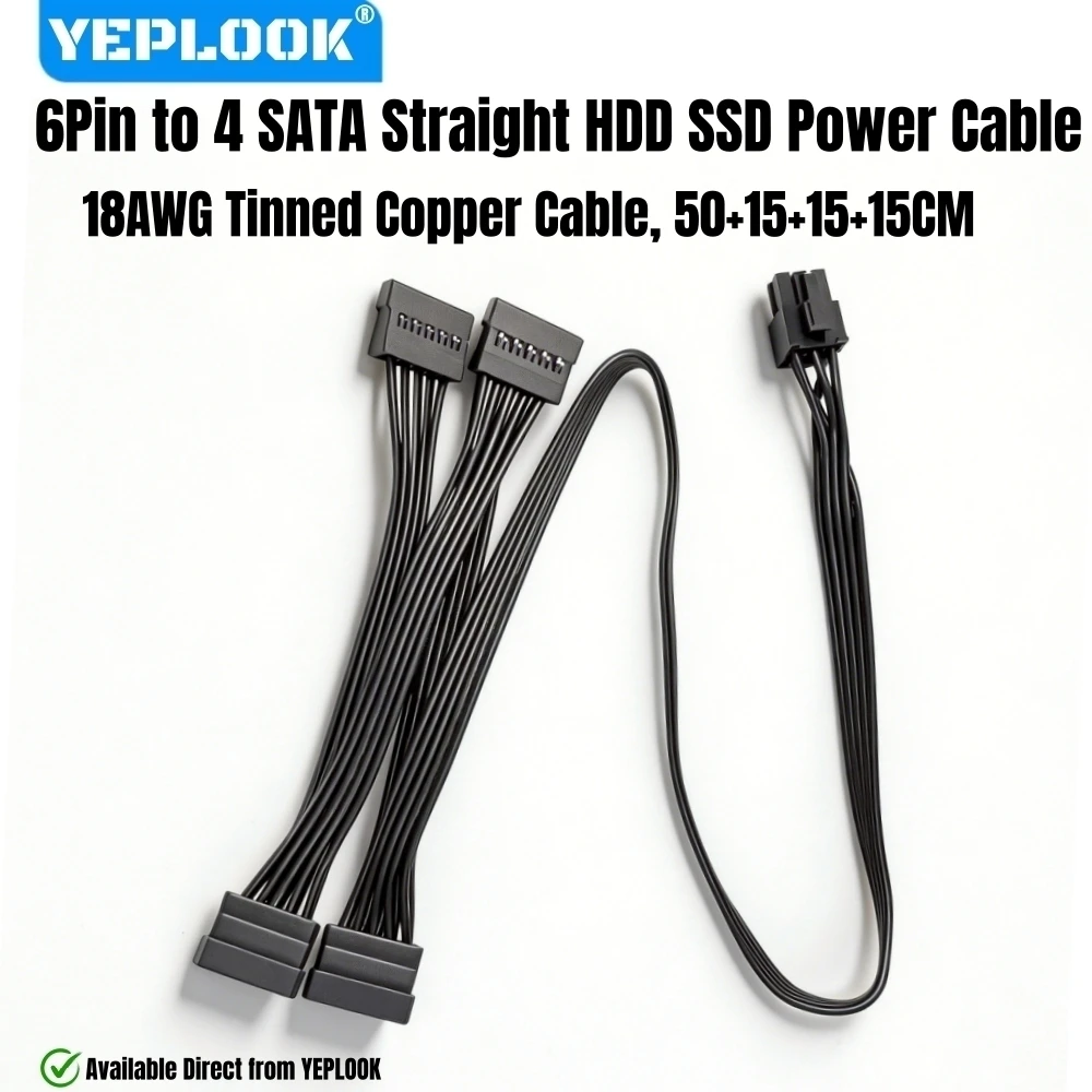 

YEPLOOK 6Pin to 4 SATA for Corsair HX Modular Power, HDD SSD Power Cable for Corsair HX650, HX750, HX850, HX1000, HX1050, HX1200