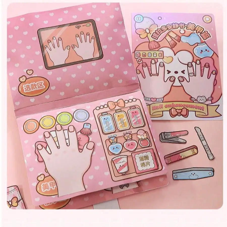 Pink Children DIY Nail Salon Quiet Cut Sticker Book Pretend Manicure Toy Unfinished Handcraft Gift Sim Nail Art Scene Craft Book