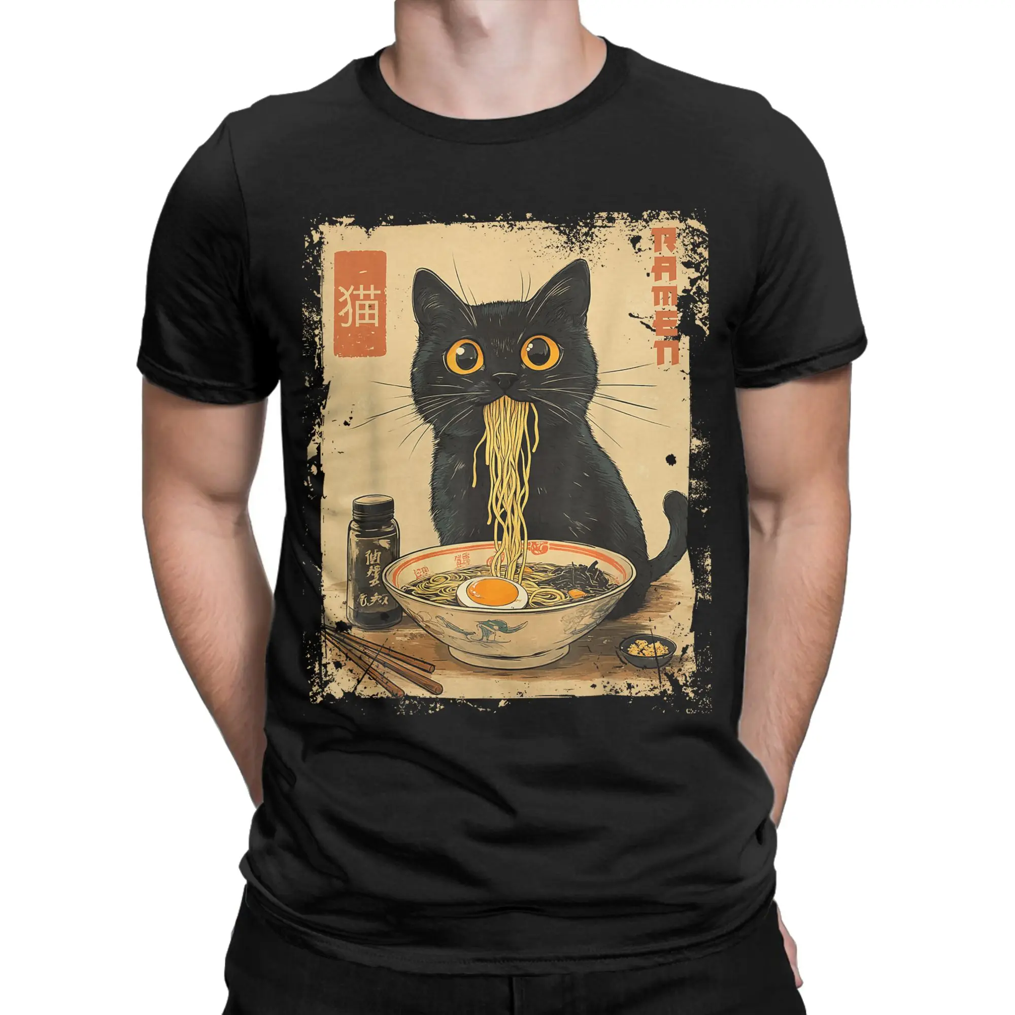 Cat Ramen Anime Kawaii Cat T-Shirts for Men  Novelty 100% Cotton Tees Crew Neck Short Sleeve T Shirts Gift Clothing