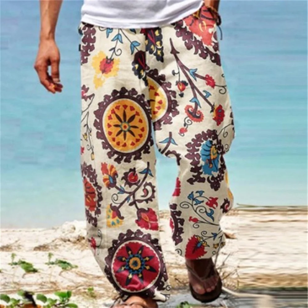 2025 new pants men men casual loose Harem pants elastic waist beach loose wide leg hippie pants
