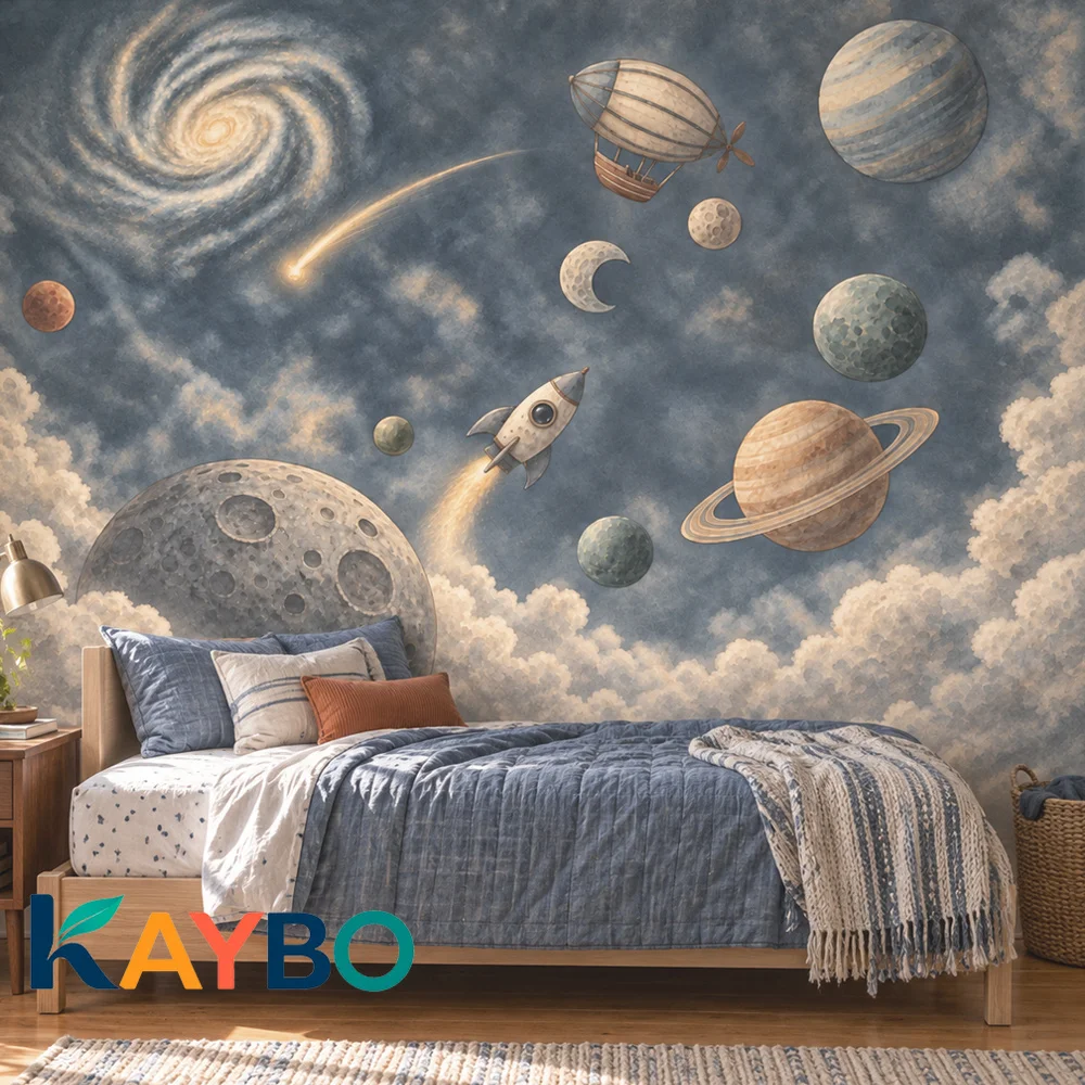 Space Wall Mural Kids Planets Rocket Galaxy Watercolor Wallpaper Neutral Blue Bedroom Playroom Non Self Adhesive Celestial Decor