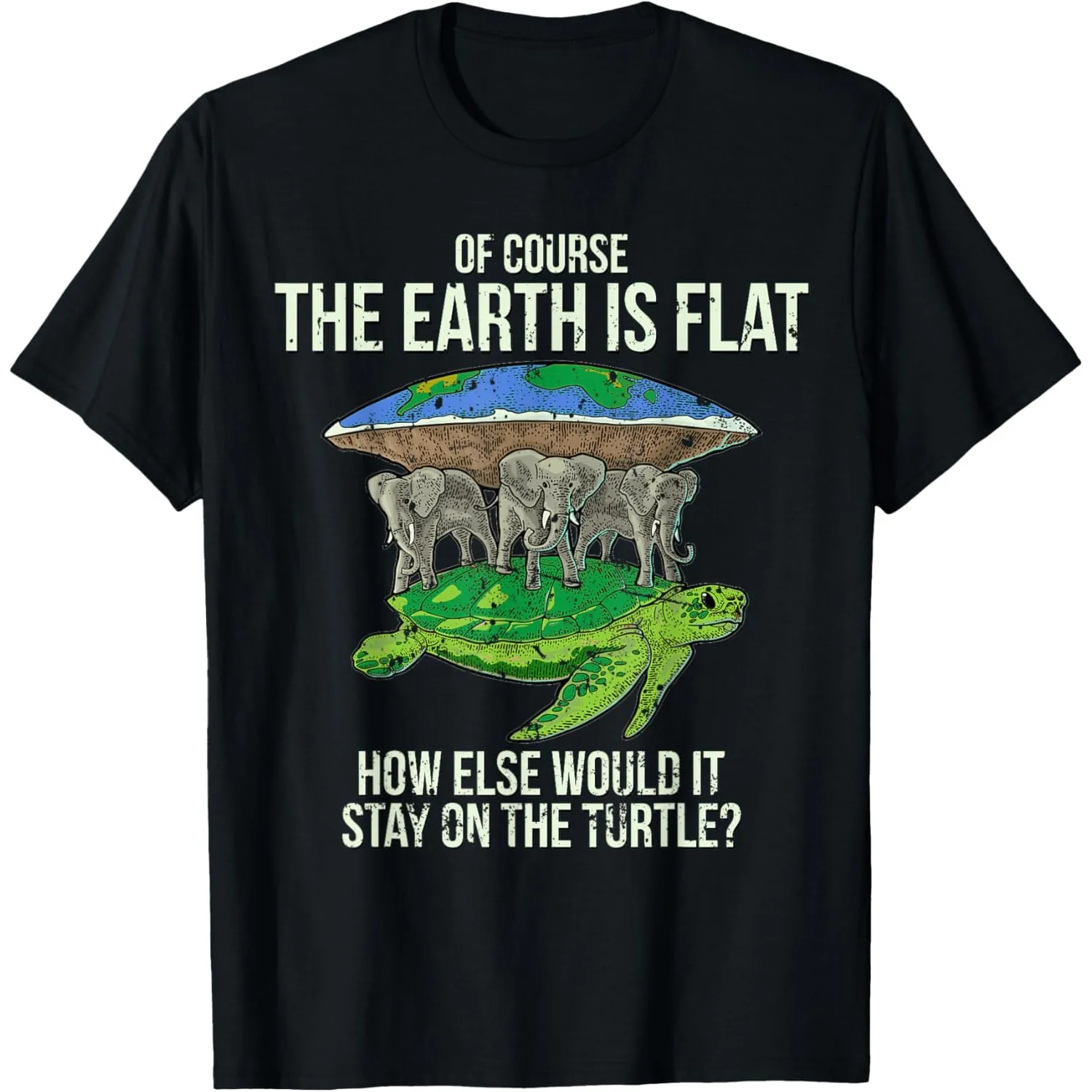 Flat Earth On Turtle And Elephants Graphic Tee Funny Conspiracy Theory T-Shirt Casual Cotton Short Sleeve