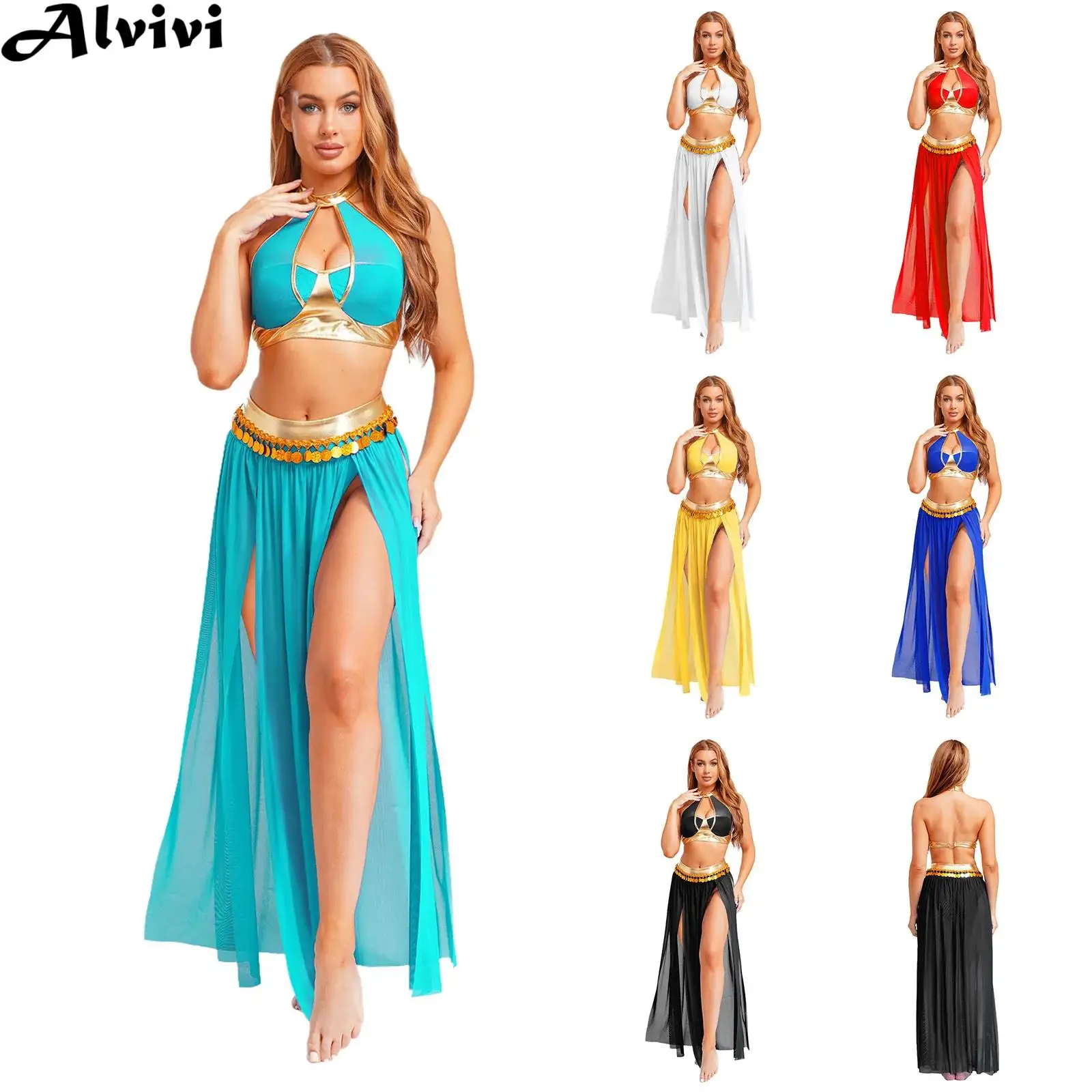 Women Belly Dance Clothes Crop Top with Split Leotard Skirt Halloween Goddesses Ancient Rome Egyptian Cleopatra Cosplay Costume