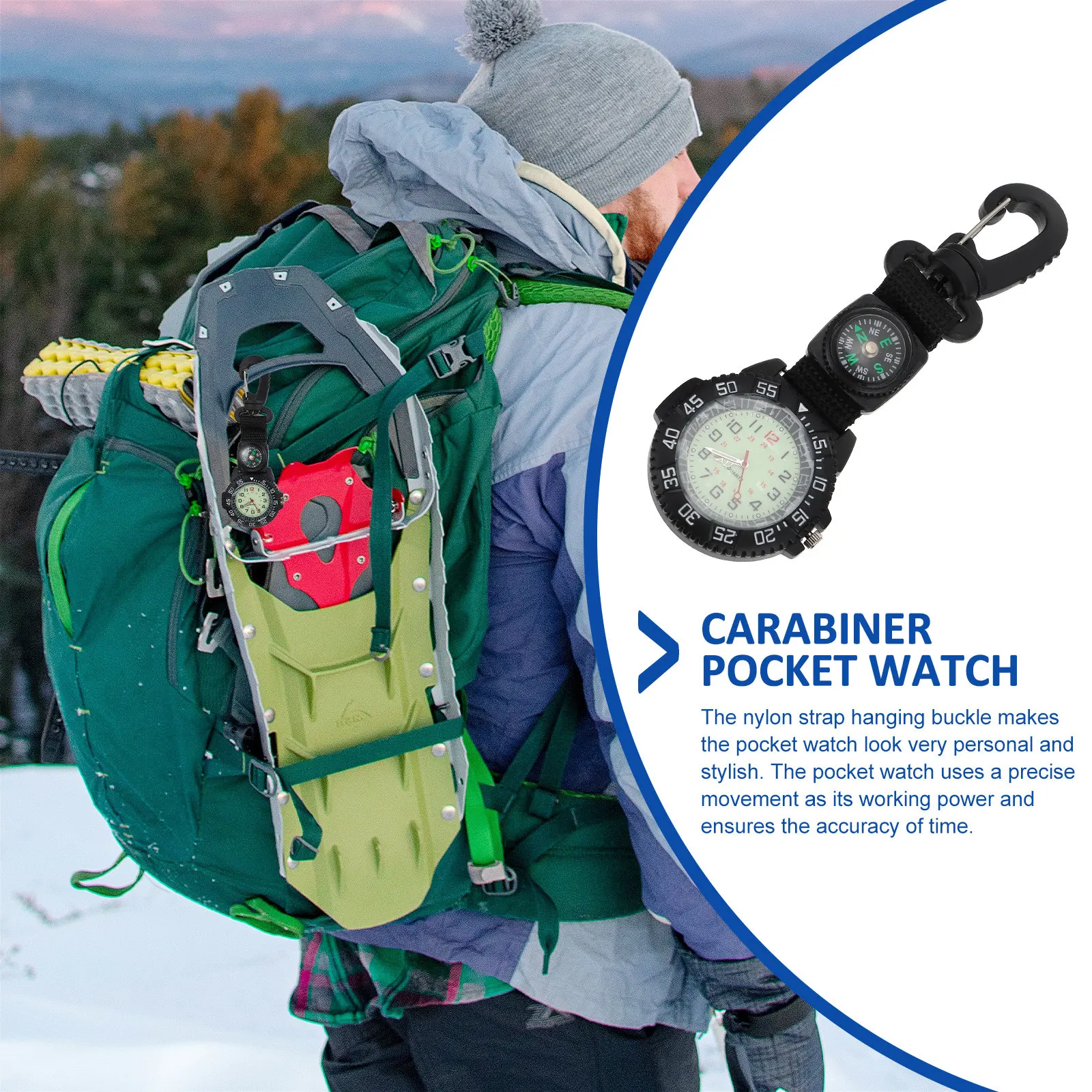Outdoor Pocket Watch with Carabiner Clip Nylon Strap and Compass Dial for Hiking Backpacking