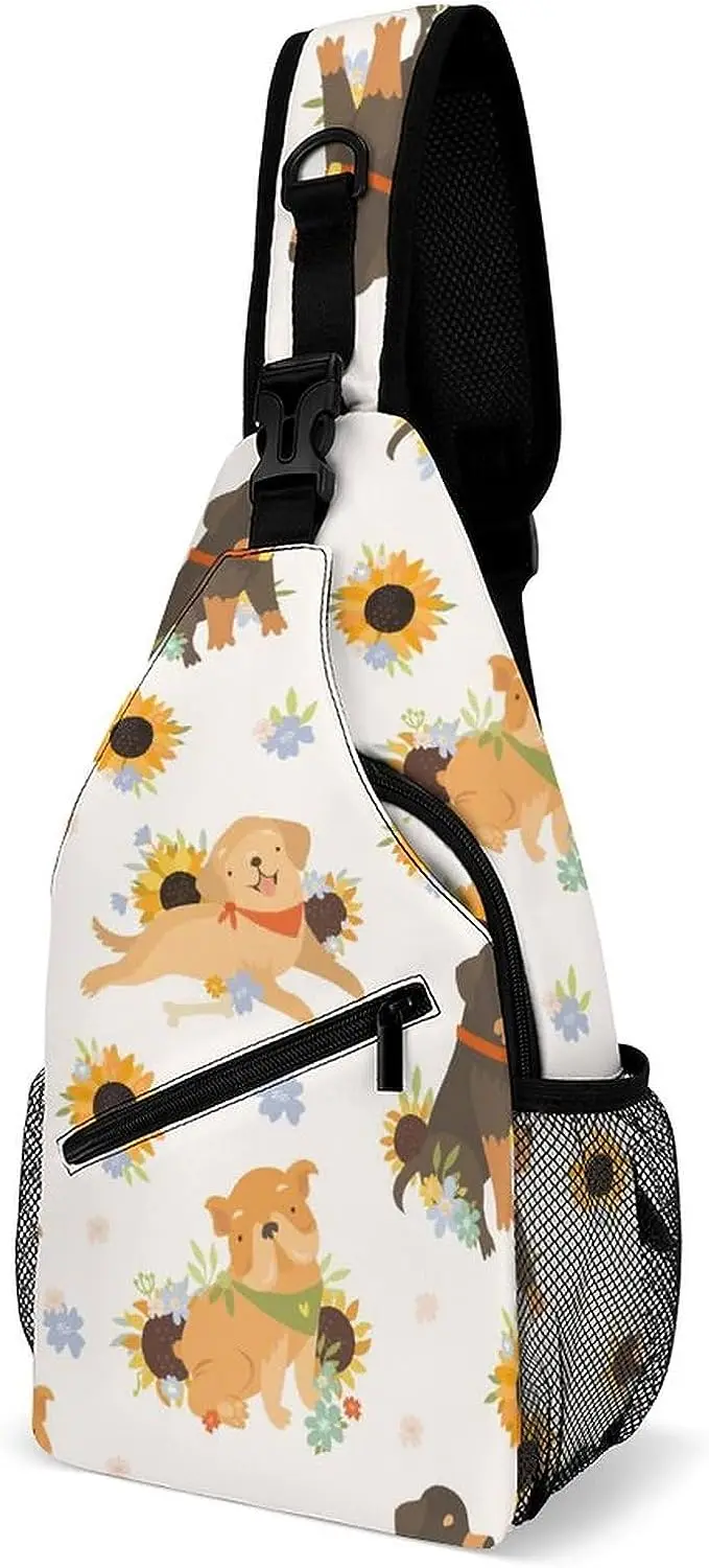 Dogs Pattern Sunflowers Sling Bag Crossbody Shoulder Chest Bags Print Backpack Travel Daypack for Women Men Unisex Casual