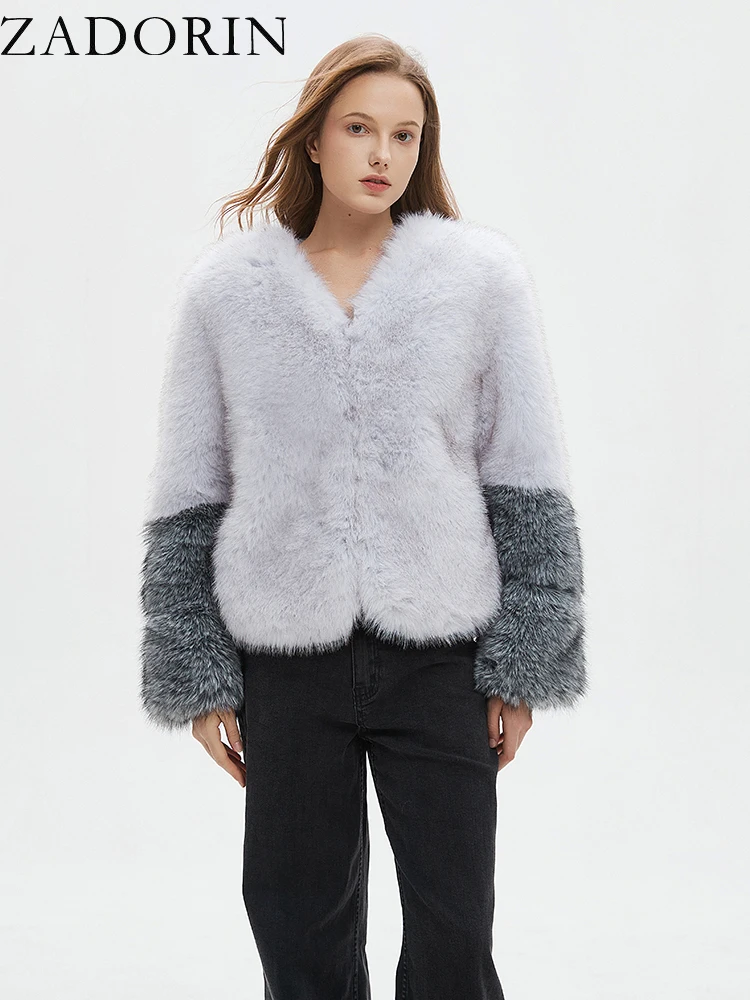 

ZADORIN Luxury V-neck Silver Fox Sleeve Splicing Fluffy Jacket For Women Winter Furry Warm Faux Fur Coat Women Jackets Outerwear