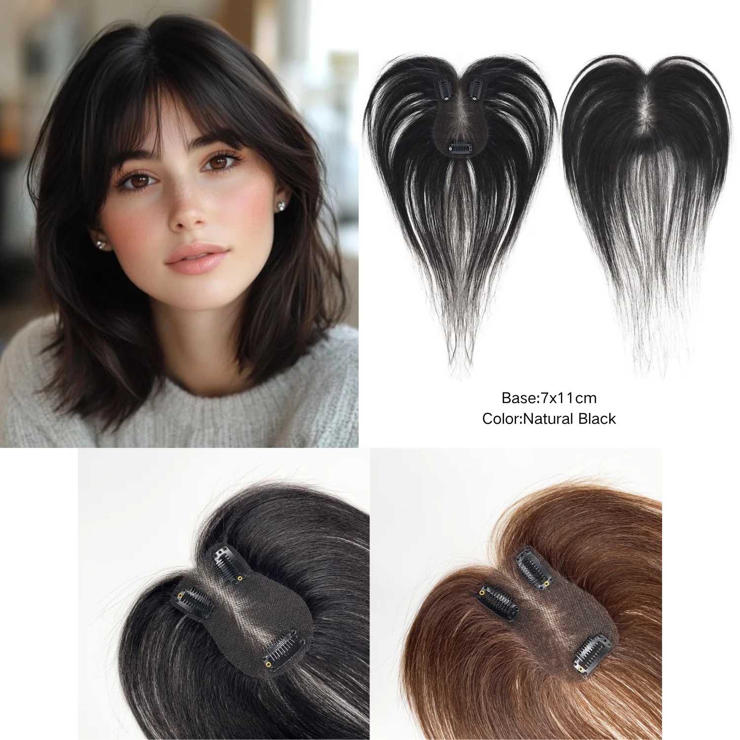 黒色人毛ヘアピース-カーテンバング付き-手編み-7x11cm-レースベース-クリップ式ヘアピース-ボリュームアップ用-本物の髪の毛エクステ