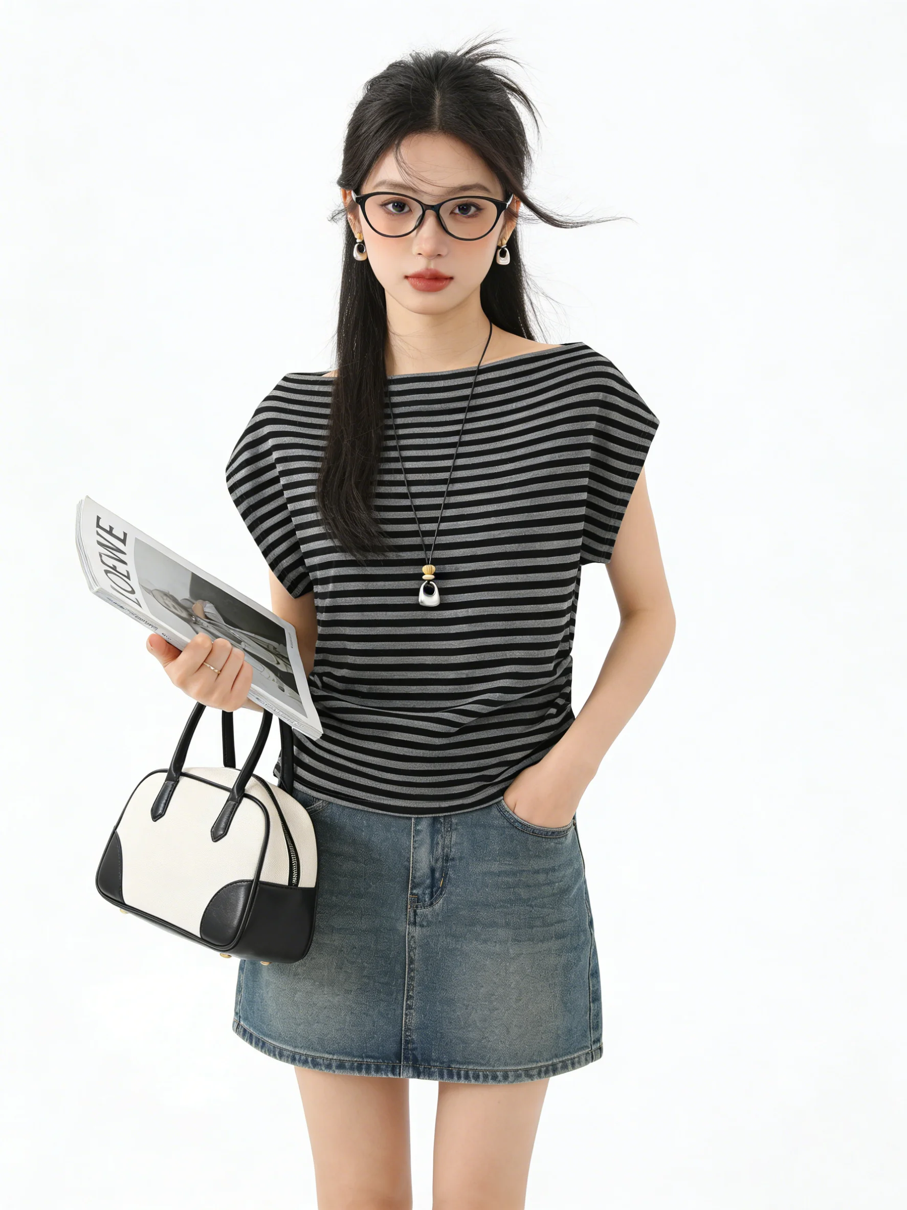 

Retro Folded Slim Fit T-Shirt Women's Casual Comfortable Skin-friendly Summer Top Elegant One-Shoulder Breathable Short Sleeve