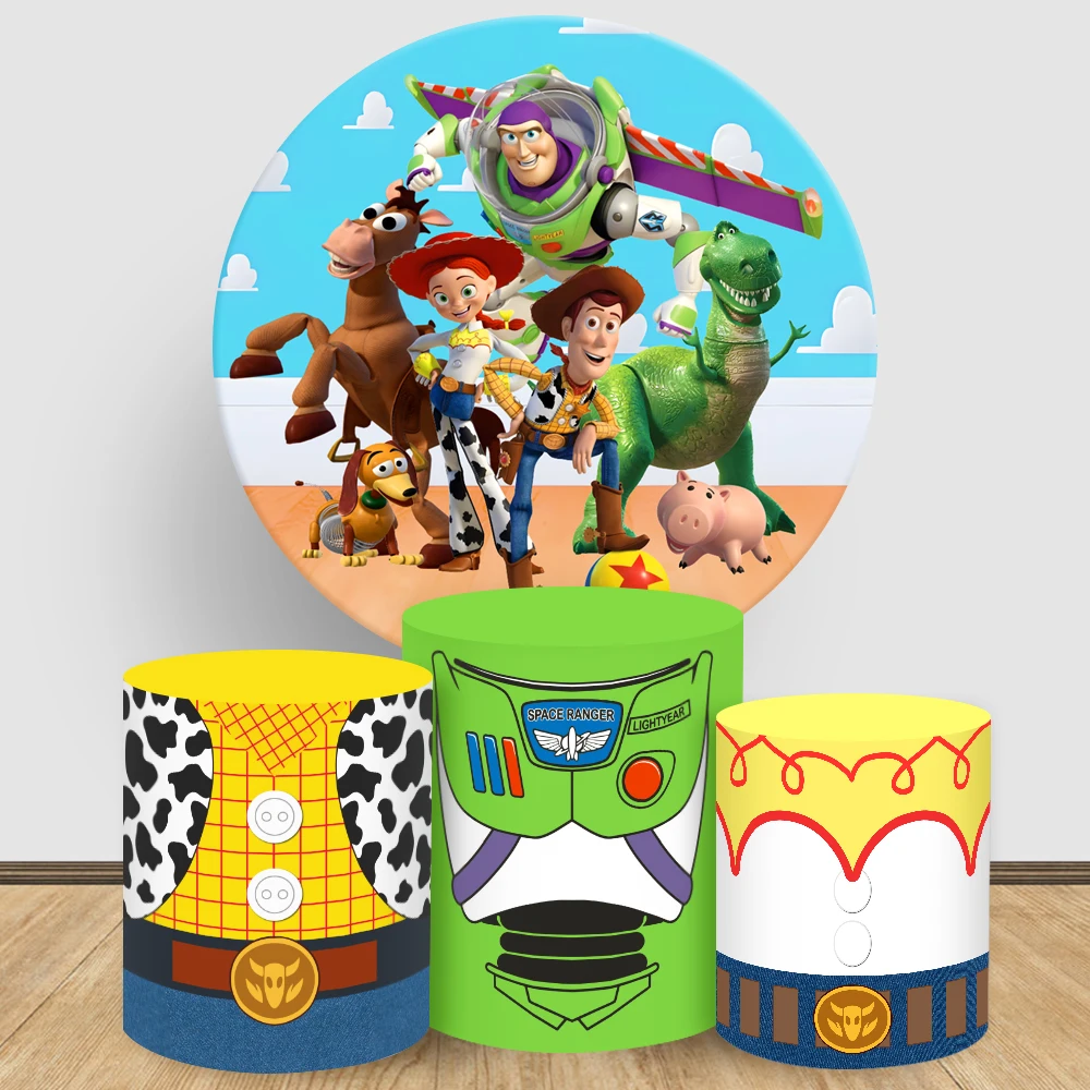 

Toy Story Round Backdrop Cover Kids Birthday Cylindrical Cake Tablecloth Cover Circular Photograph Background Party Decoration