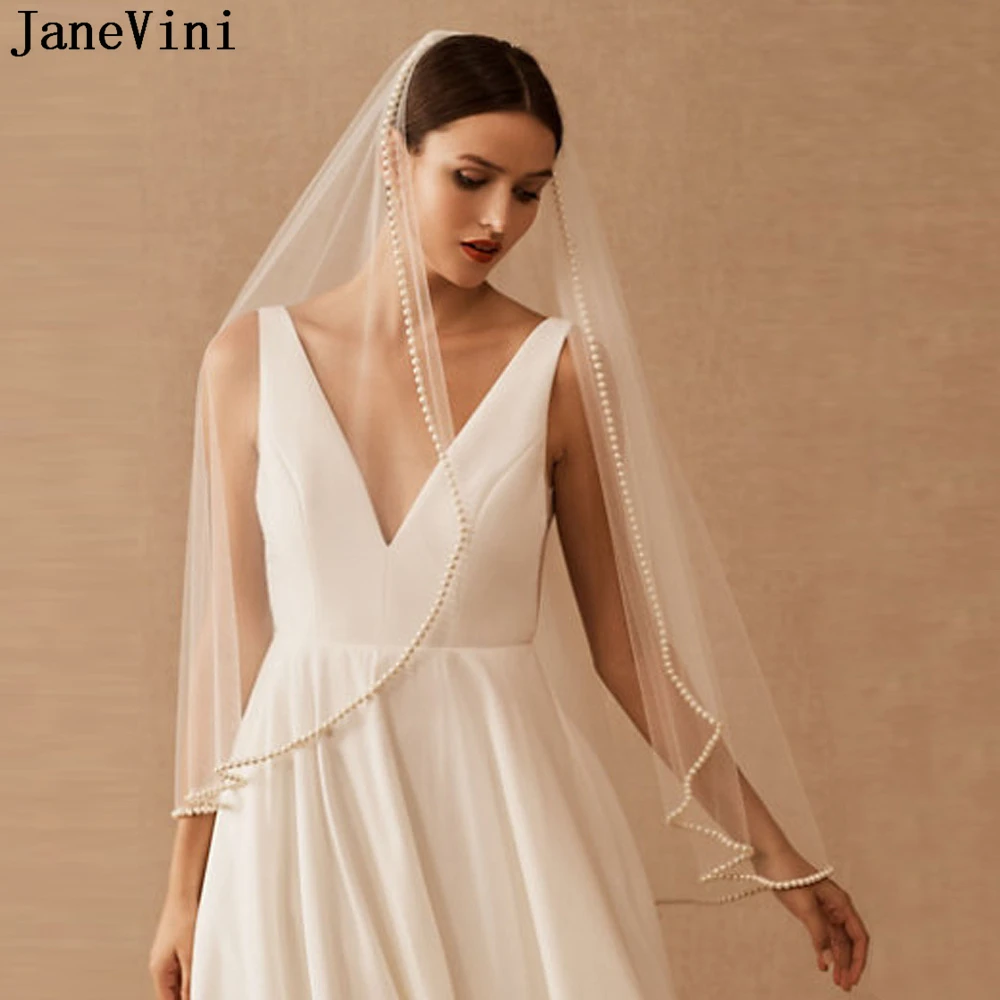 JaneVini Luxo Pérolas Edge Bridal Veils Elegante Curto Véu Do Casamento com Cabelo Pente 1 Tier Fingertip Noiva Italiano Tulle Veil