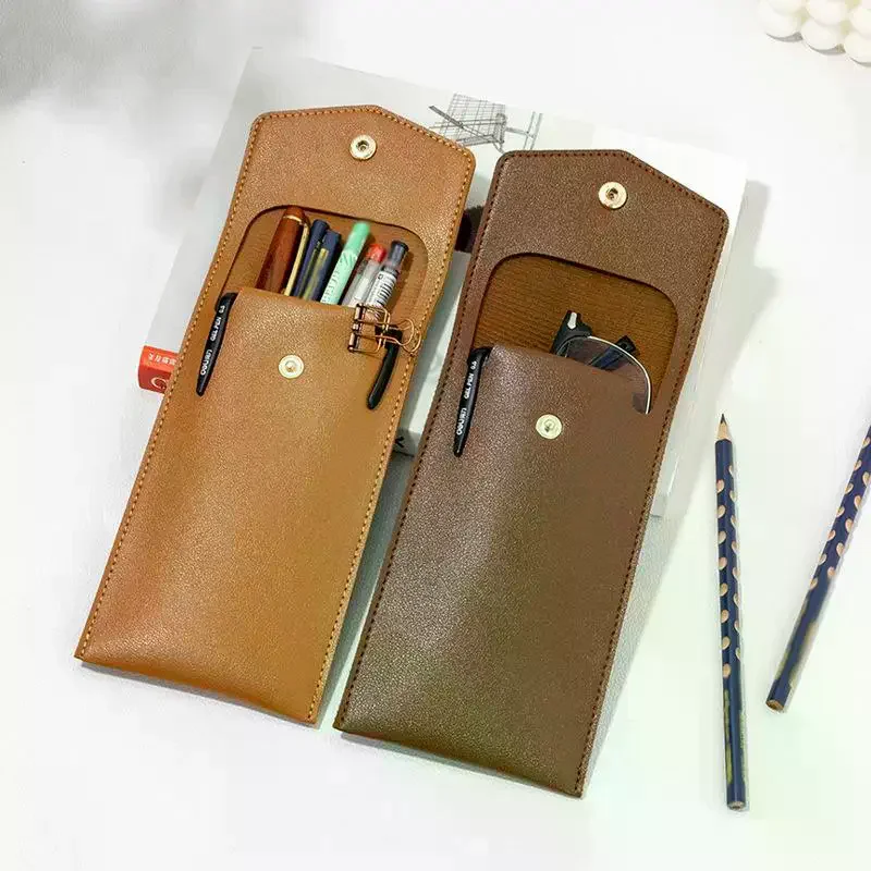 Faux Leather Large Capacity Multi-Slot Pouch - Pure Color Stationery Organizer / Pen Protective Case Pencilcase