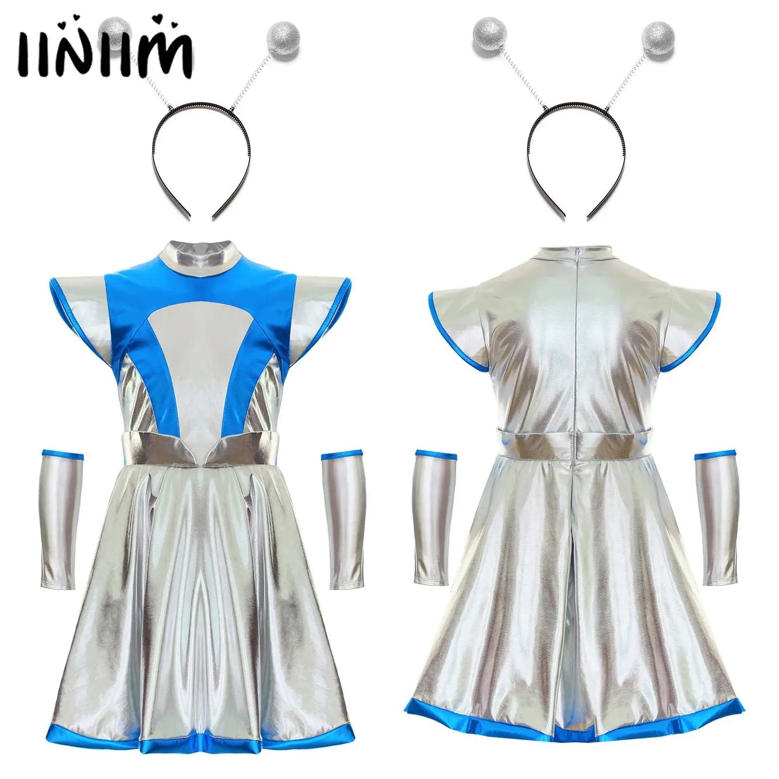 

Girls Alien Role Play Metallic Dress Outer Space Halloween Outfit Party School Performance Show Carnival Cosplay Costume