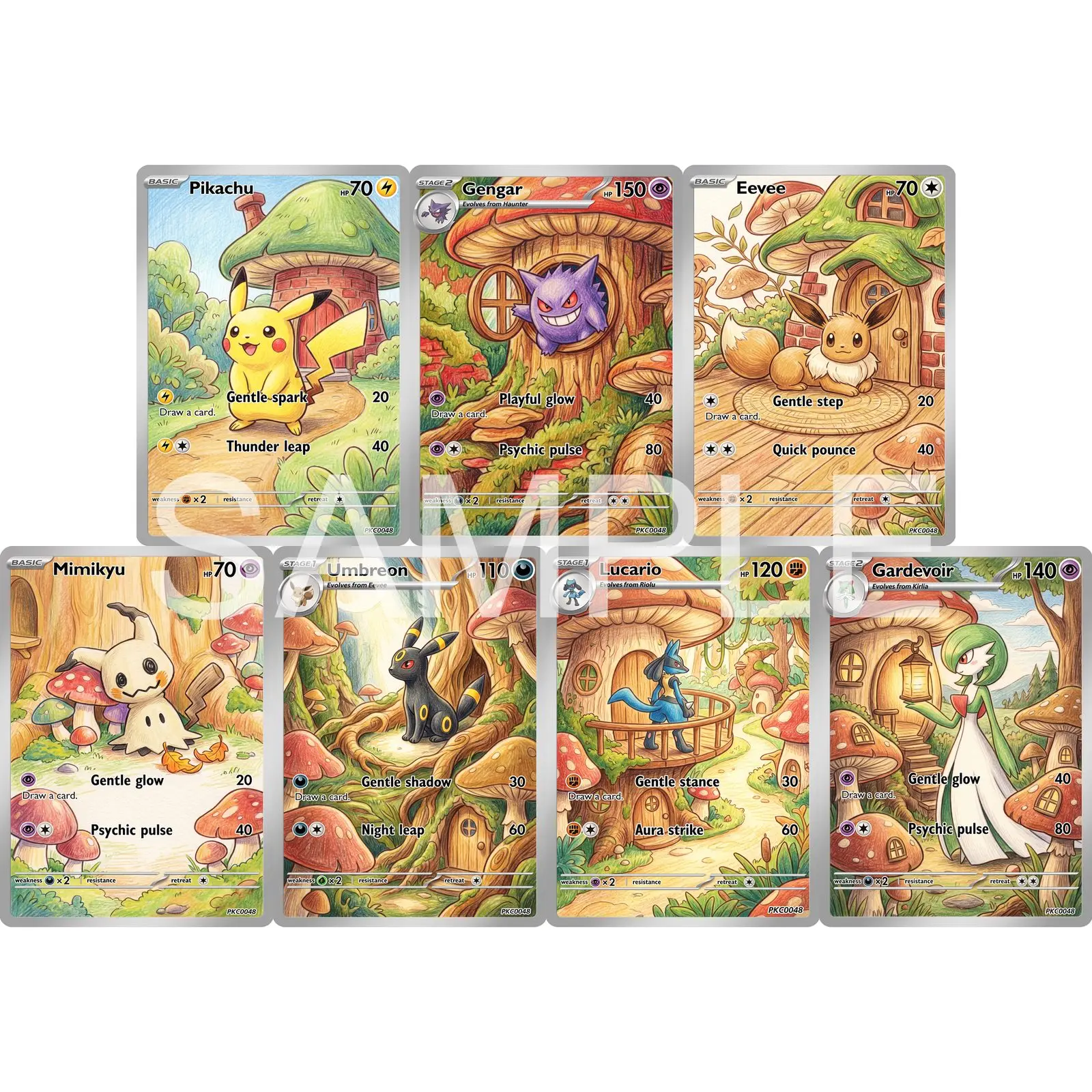 7Pcs PKM Cards PTCG Colored Pencil Storybook Style Gengar Eevee Mimikyu Umbreon Lucario Gardevoir Mushroom Treehouse Cards PTCG