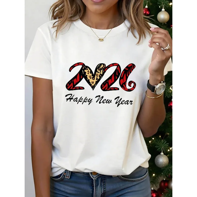 

Christmas 2026 Happy New Year Fashionable and Casual Printed Pattern Women's Round Neck New Year Women's Trendy T-shirt