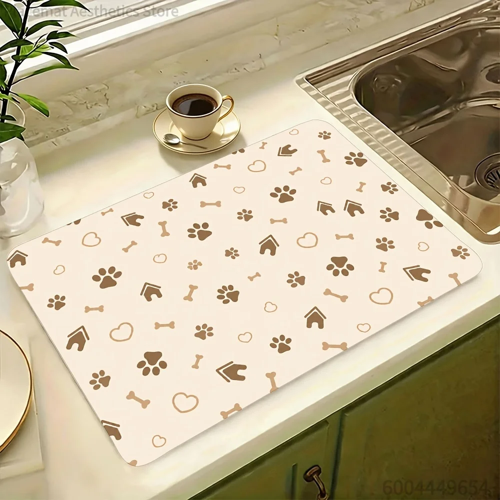 Cute Multi-Pattern Dish Drying Mat, Paw Print Ocean Floral Watercolor Print, Super Absorbent Kitchen Counter Drain Decor Pad