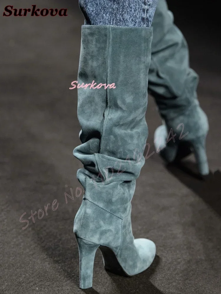 Retro Pleated Slip On Modern Boots Round Toe Thick Heel Winter Knee-High Boots Fashion Catwalk Dress Newest Long Boots Spring 46 view 2