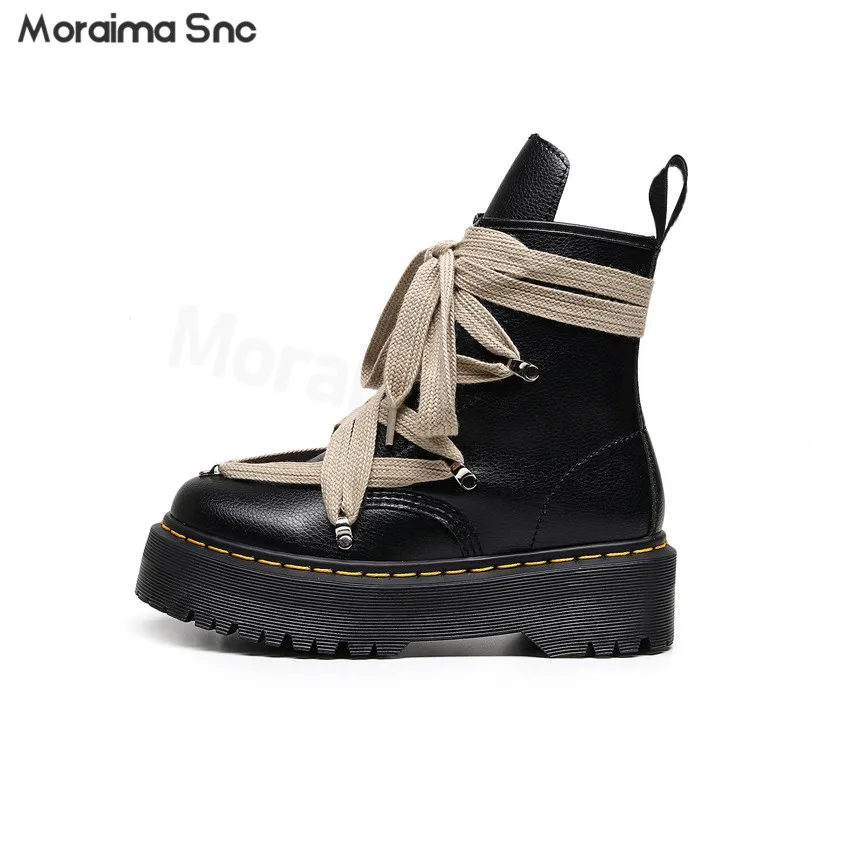 Cross-Strap Pebbled Boots Round Toe Thick Sole Personality Short Boots Side Zipper Leather Fashion Large Size Women's Boots