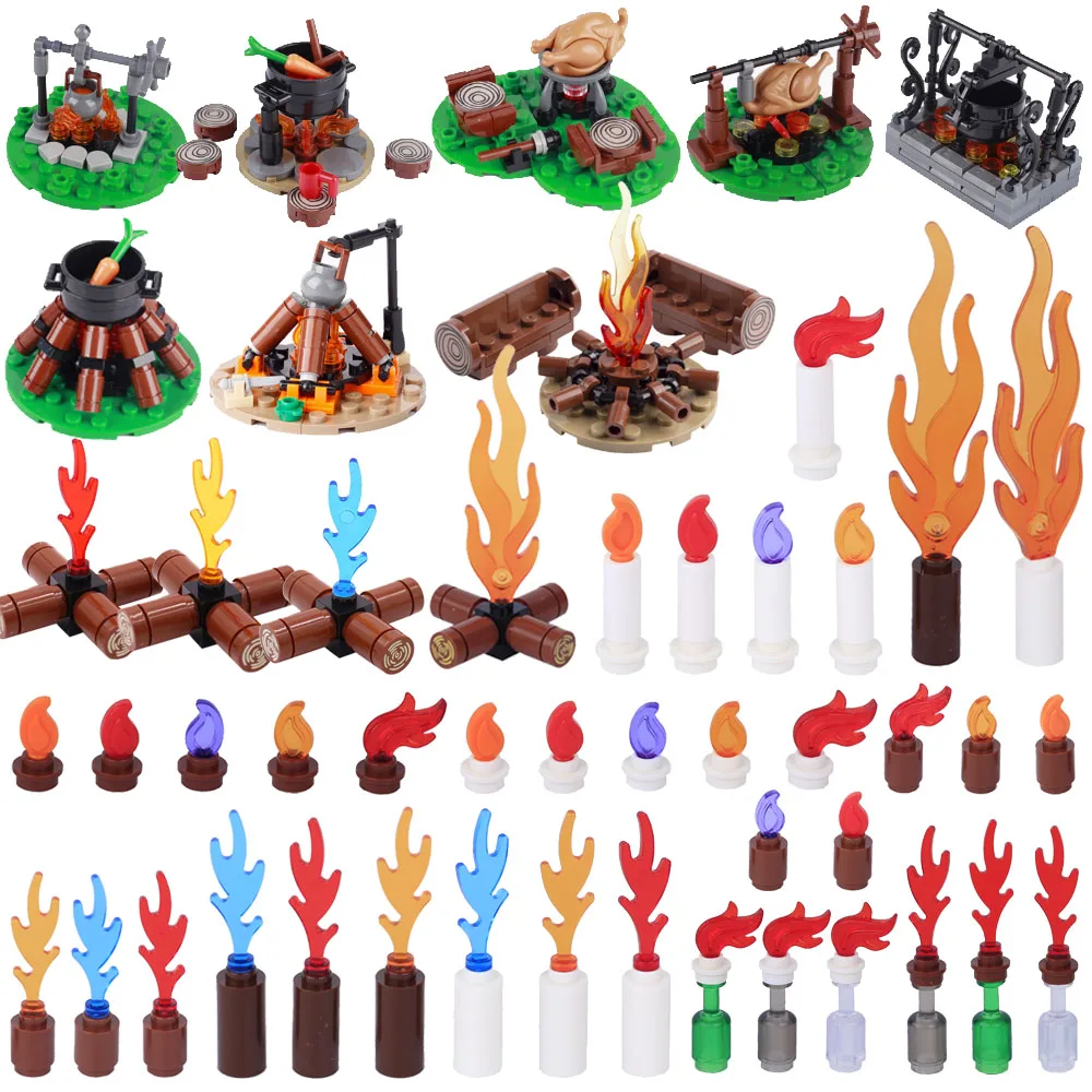 MOC Mittelalterlichen Lagerfeuer Baustein Flamme Welle Kerze Transparent Wein Flasche Pädagogisches