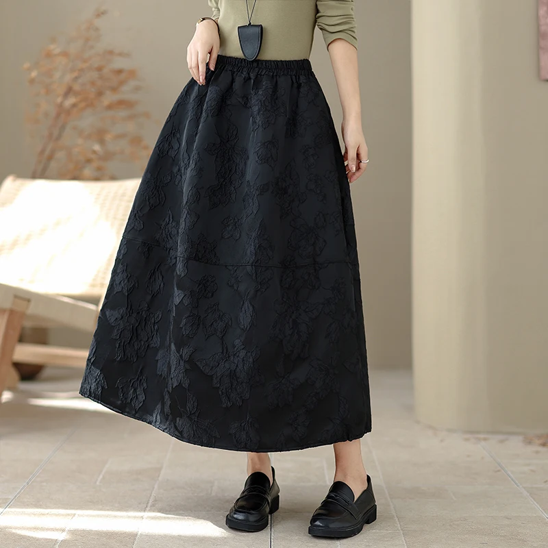 秋冬ハイウエストミディスカート エメッドフローラル カジュアル万能 レディースゴアードスカート Aラインシルエット ゴムウエスト