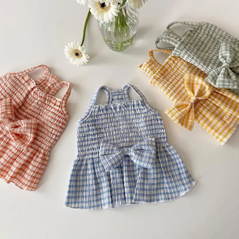 Summer Puppy Clothes Cute Dog Dress Dog Plaid Skirts Pet Bow Striped Dog Shirt Chihuahua Bichon Kitten Dog Clothing Pet Apparel