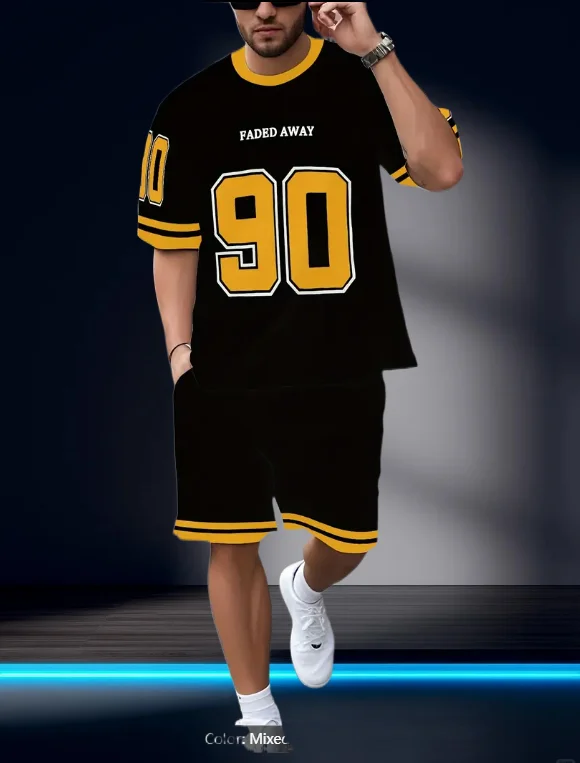 

American Faded Away NO.90 Print Plus Size Sport T-Shirt+Shorts SetGym Jogging Luxury Tracksuit Outfit 2 Piece Set Men Clothes