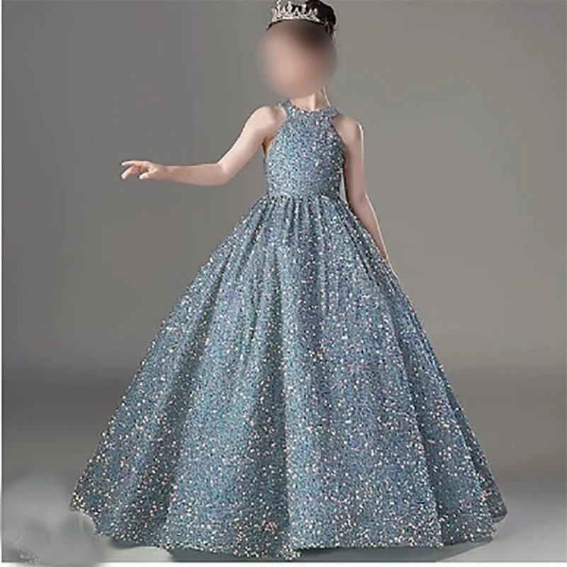 

Blue Flower Girl Dress Halter Sequin Pageant Dress Sparkly Ball Gown Wedding Flower Girl Dresses Princess Party Customized