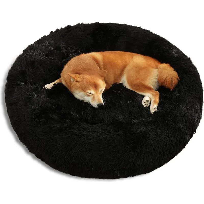 Dog Bed Calming Dog Beds for Small Medium Large Dogs - Round Donut Washable Dog Bed, Anti-Slip Faux Fur Fluffy Donut