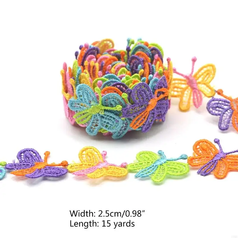 49MF 15 Yards 2.5cm Colorful for Butterfly Lace Trim Ribbon Vintage Embroidered Applique Sewing Craft Wedding Bridal Dress DIY