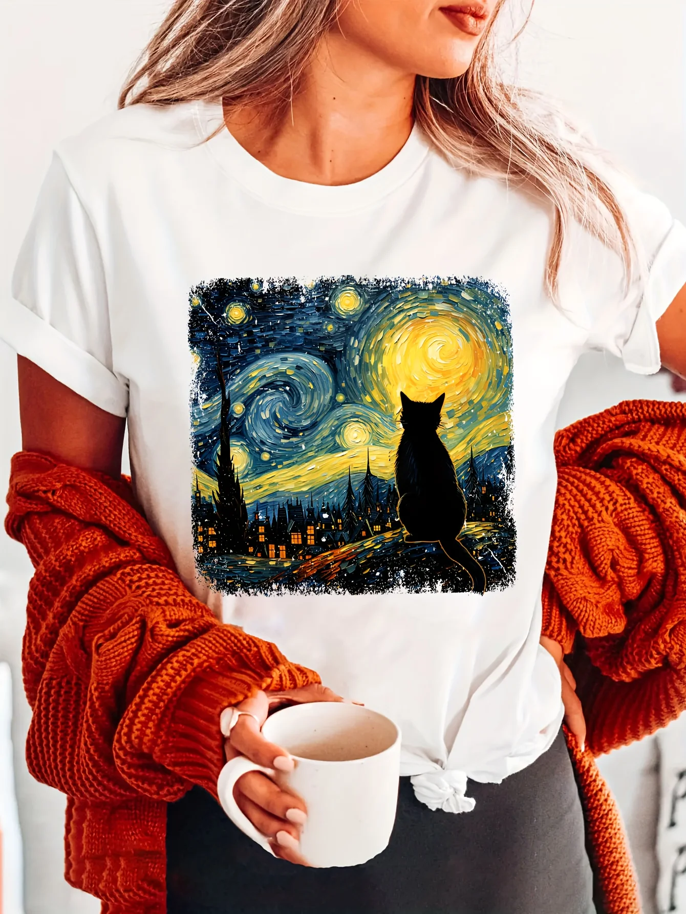 Van Gogh Starry Night Cat Print T-shirt WHarajuku Short Sleeve Casual Women's T-shirt Clothing Street Aesthetic Clothes