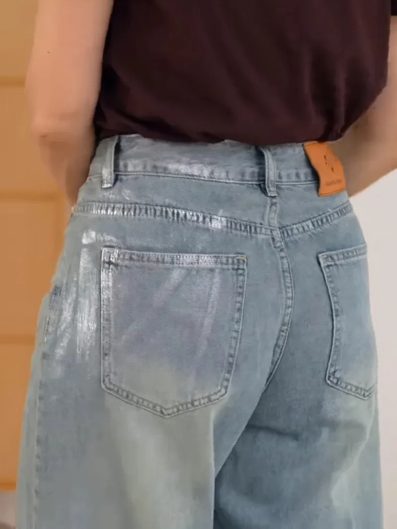 FINEWORDS الفضة احباط ختم عالية الخصر الجينز النساء واسعة الساق الكورية جينز غير رسمي الشارع الشهير Harajuku فضفاض الرجعية غسلها الجينز