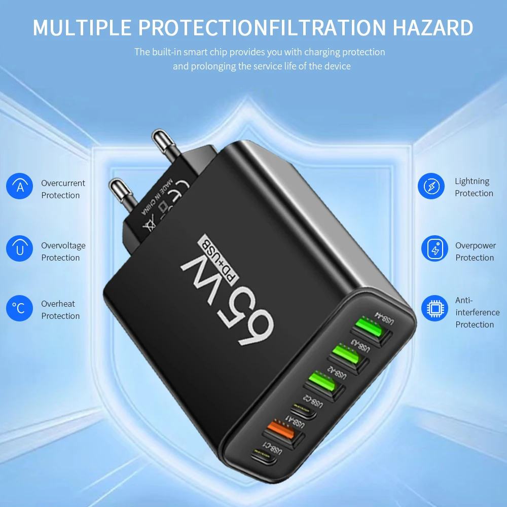 شاحن شحن سريع متعدد المنافذ بقدرة 65 وات QC3.0/USB/Type C/PD 6 منافذ شاحن شحن سريع لهاتف iPhone15 Xiaomi Samsung مقبس السفر