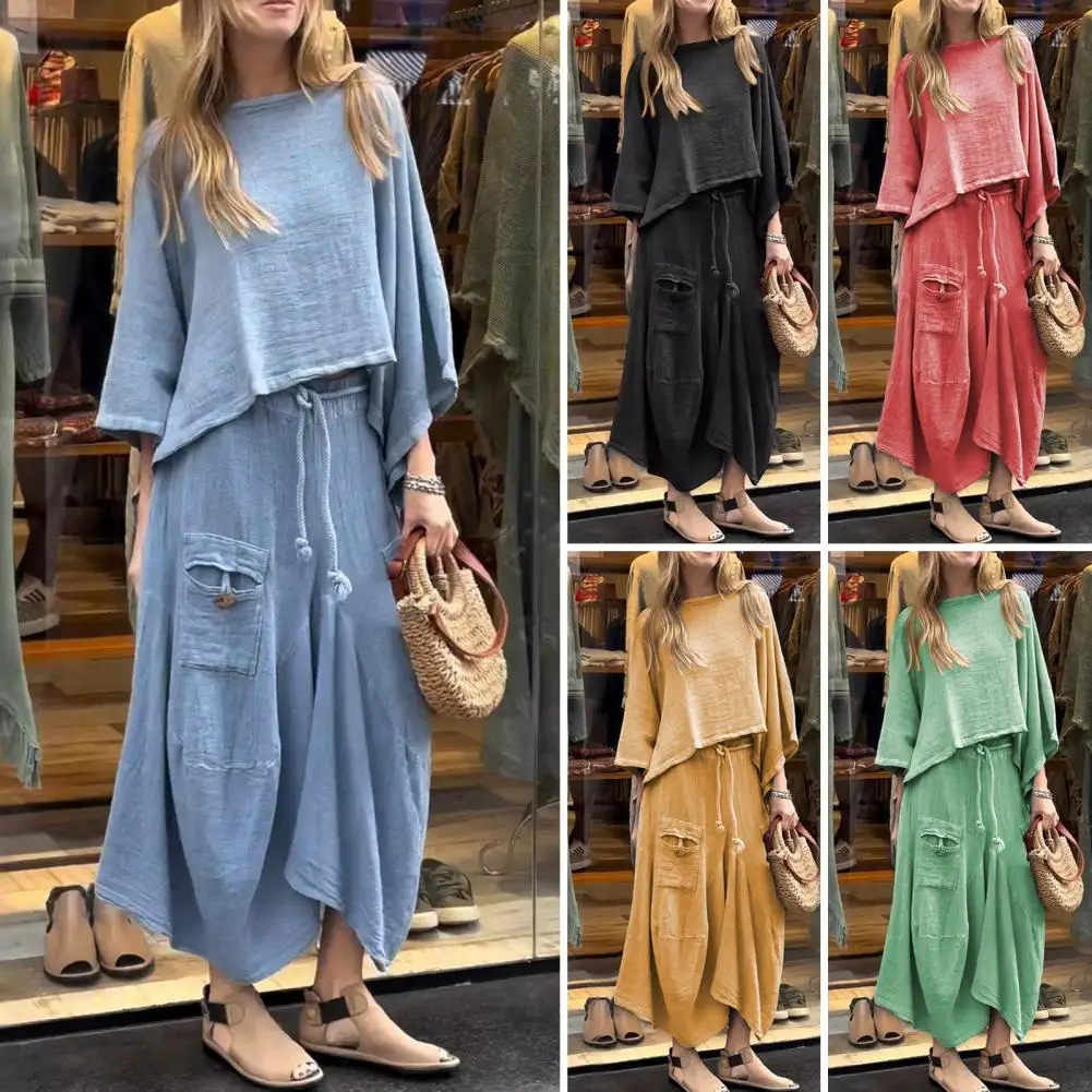 2Pcs/Set Women Top Skirt Suit Three Quarter Sleeve Slant Hem Vintage Top Drawstring Elastic Waist Loose Irregular Maxi Skirt