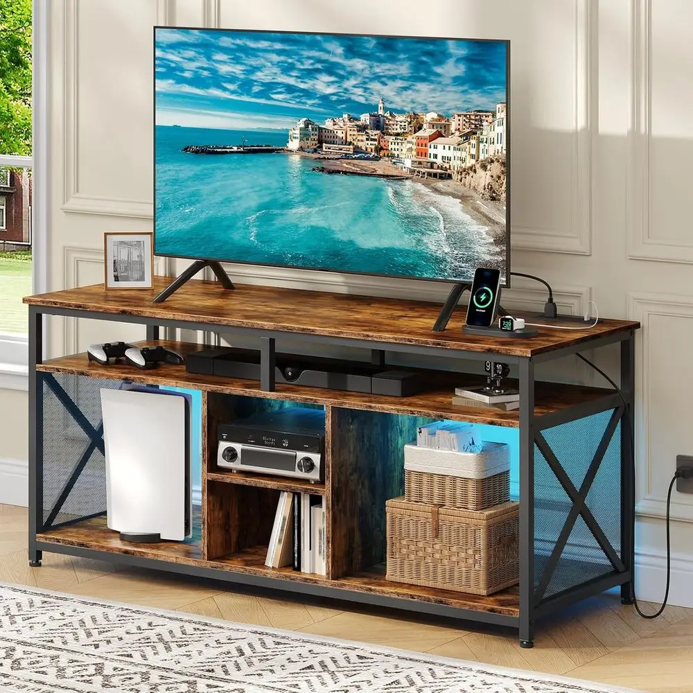 TV Stand or 55 Inch TV, Entertainment Center with Power Outlets and LED Lights, Media ole Cabinet with Storage, X-Shaped Reinorc