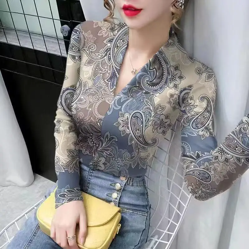 Office Lady Spring Autumn Women\'s Clothing Geometric Leopard Print Long Sleeve T-shirt V-Neck Pullover Casual Elegant Tops