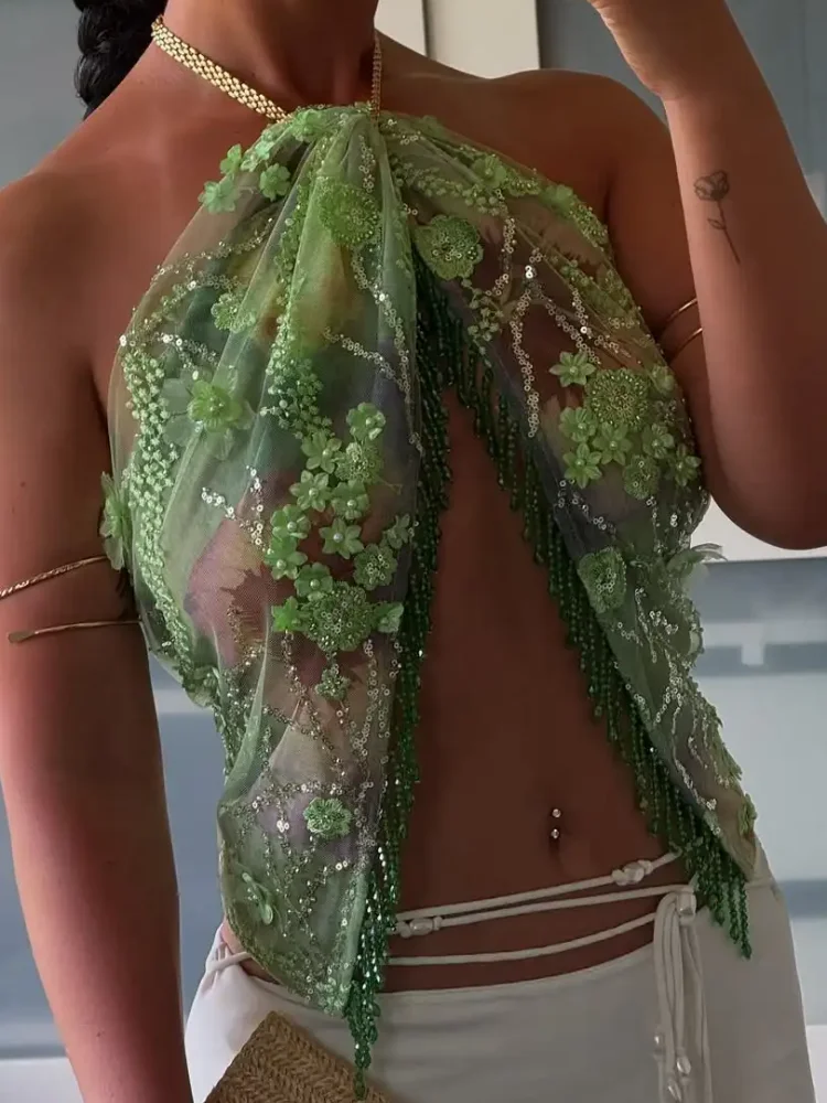 Women Bohemian Beach Two-piece Set Halter Crop Top Fringed Mini Skirt Green Tie-dye Sets 2026 New Summer Trendy Vacation Wear