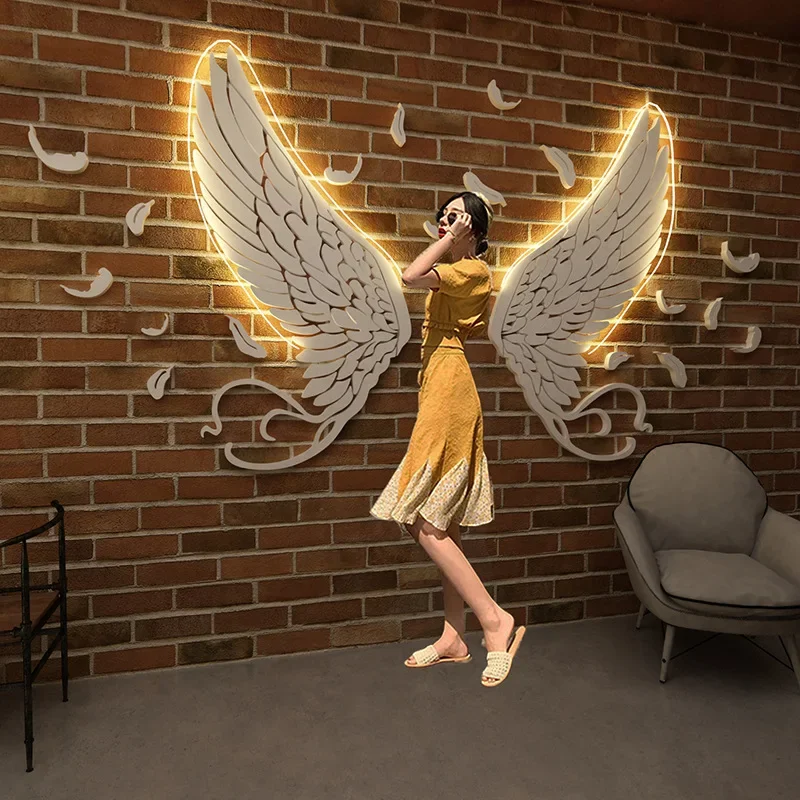 Angel wing background wall sticker Mirror acrylic self-adhesive wall stickers with Decorative lights party wall decoration