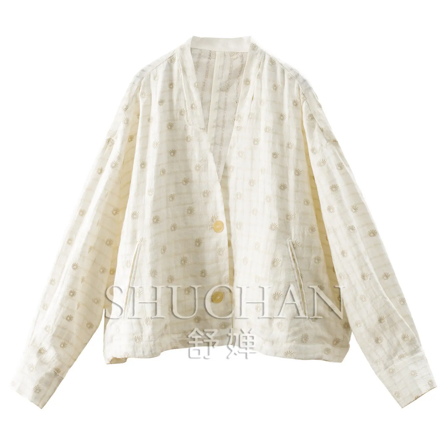 Cloud Embroidery Pine Shadow, Shirt Loose Daisy Embroidery Silk + European Standard Linen Short Coat Women 90M3