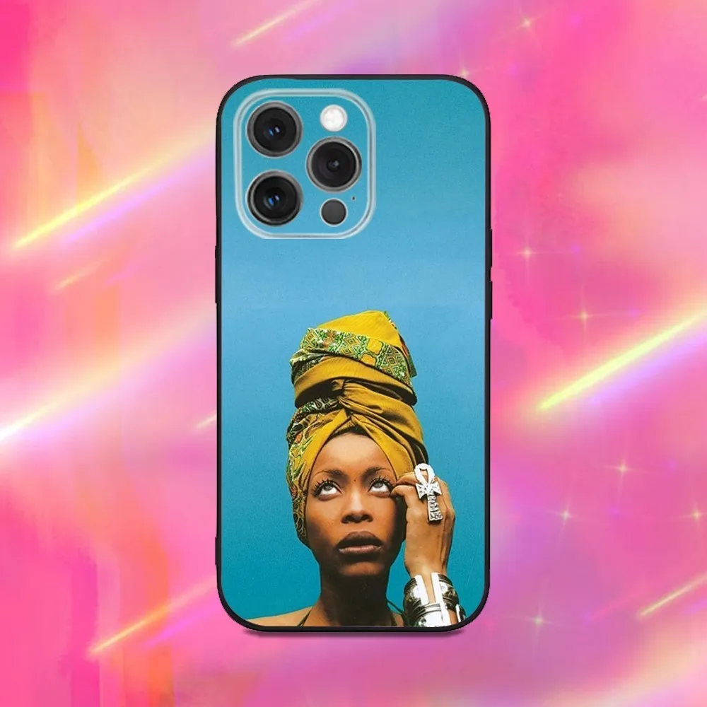 حافظة هاتف E-Erykah Badu Singer لهاتف iPhone 16,15,14,13,12,11,Pro,Max,Plus,X,XS,XR,SE,8,7,Mini,Soft Silicone Black Case
