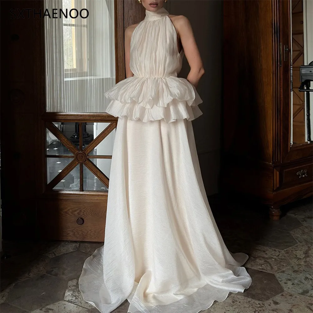 

Sxthaenoo Solid Spliced Ruffles Folds Elegant Dresses for Women High Neck Sleeveless Temperament Dress Female Clothing New 2025