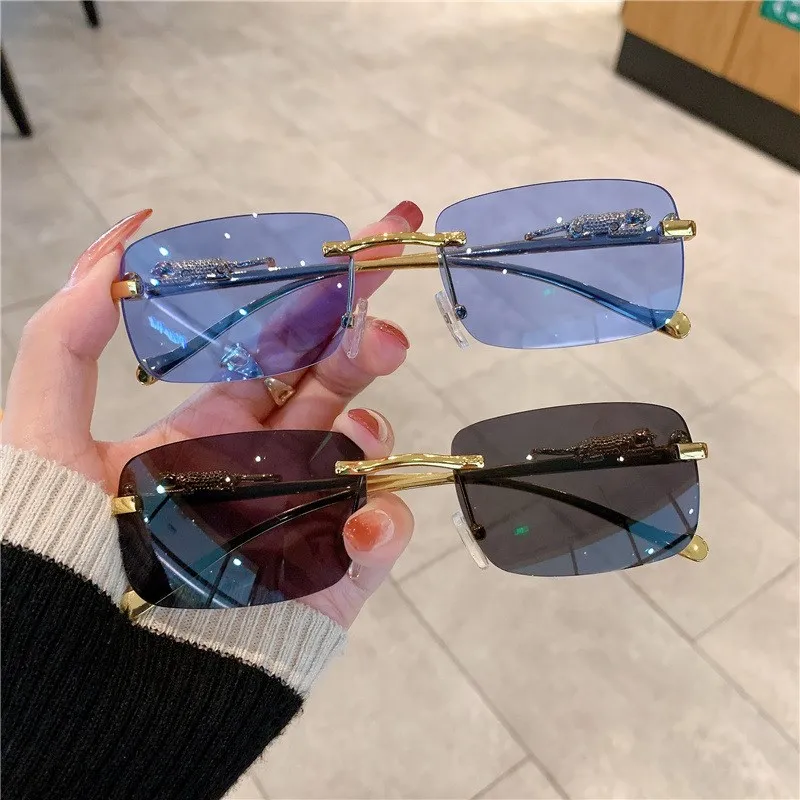 

Women luxury Square Rimless Sunglasses Cheetah Decoration Frameless Gradient Lens Sun glasses Outdoor Protective UV Shades