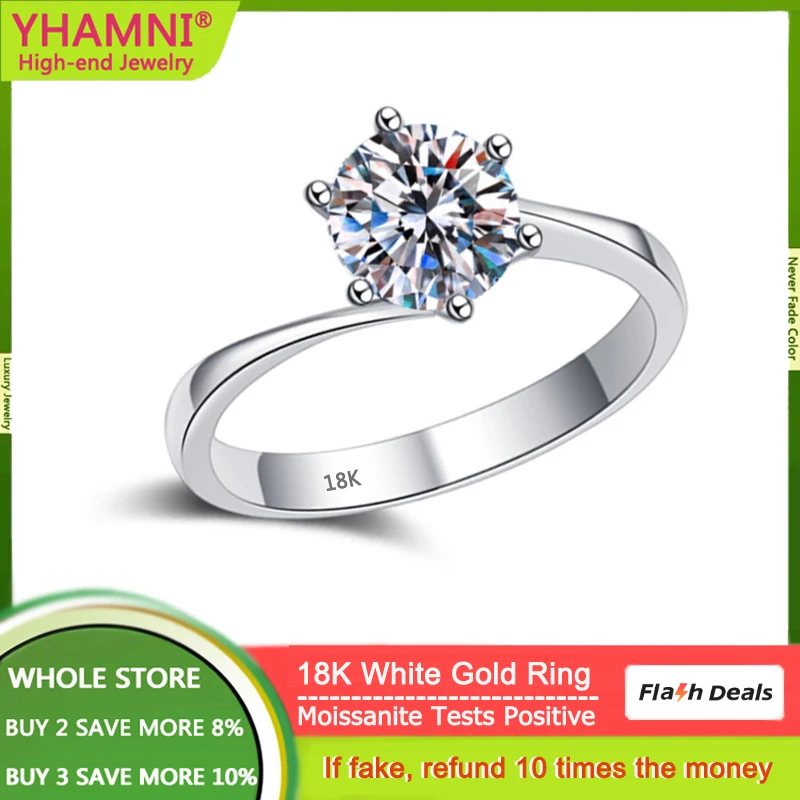 

YHAMNI Original 18k White Gold Rings for Women Sparkling Round Solitaire 1CT Moissanite Lab Diamond Wedding Band Jewelry GRA