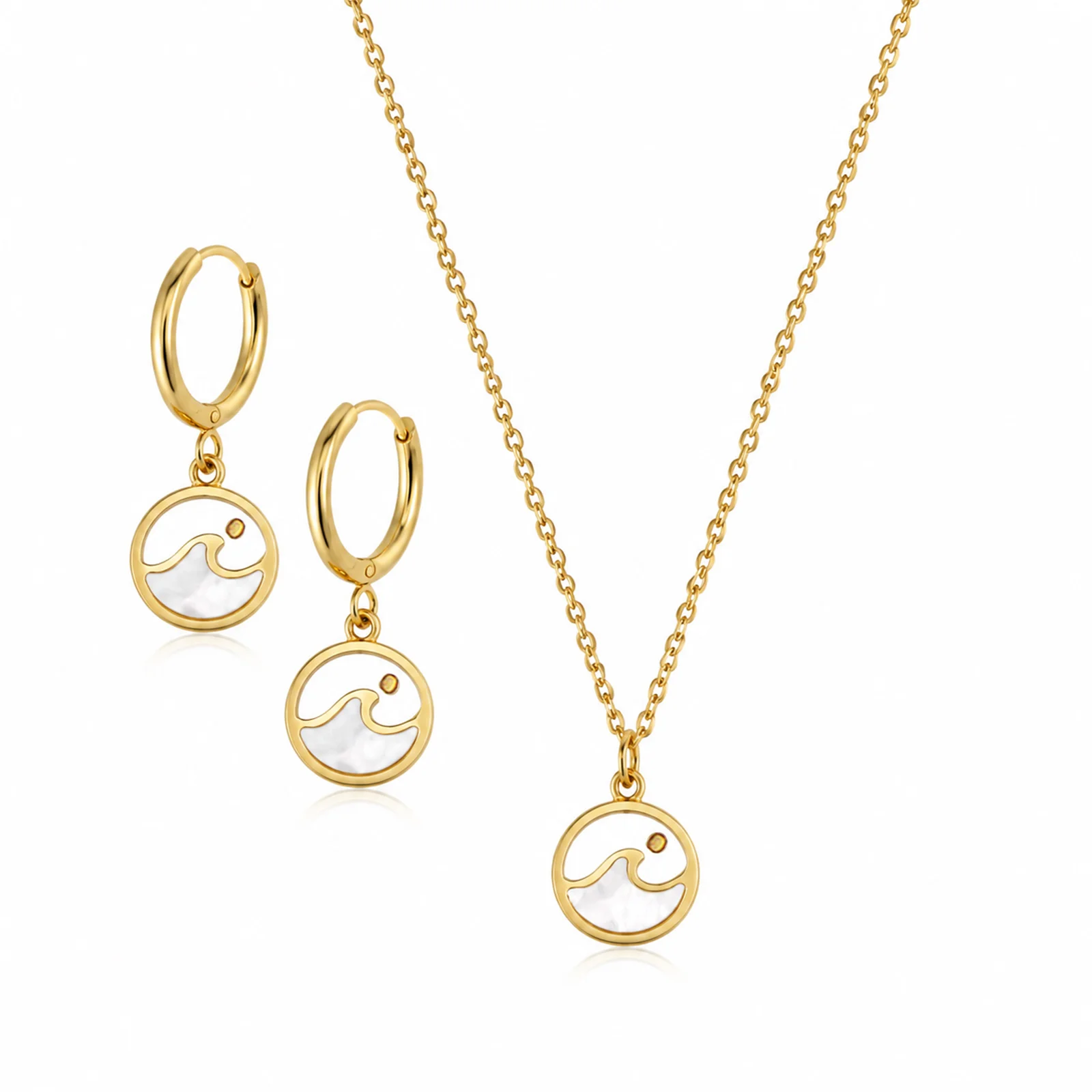 Stainless Steel Gold Plated Jewelry Set for Women Shell Wave Pendant Necklace Hoop Earrings Ocean Theme Fashion Jewelry Gift