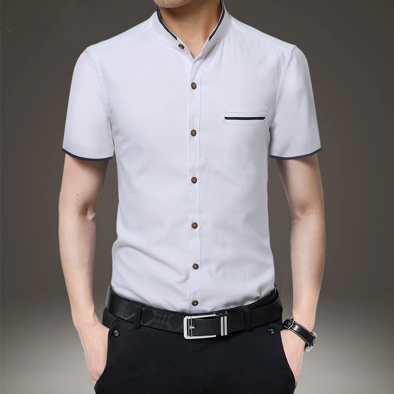 Summer New Men\'s Short Sleeve Shirt Soild Simple Business Solid Color Casual Single Pocket Comfortable Cotton Shirt