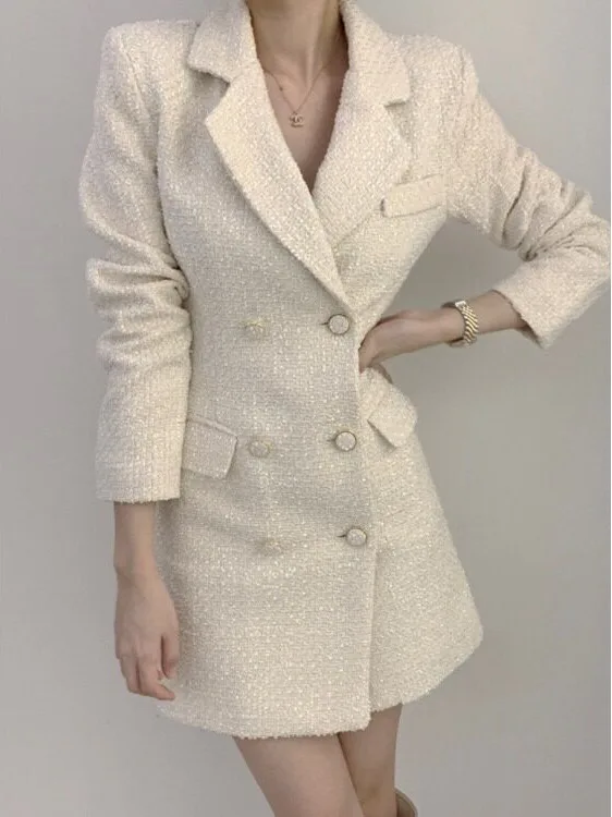 Elegant Double-Breasted Woolen Dress Chic Ladylike Style Autumn Trend High-End Feelings Korean Style Sweater for Women