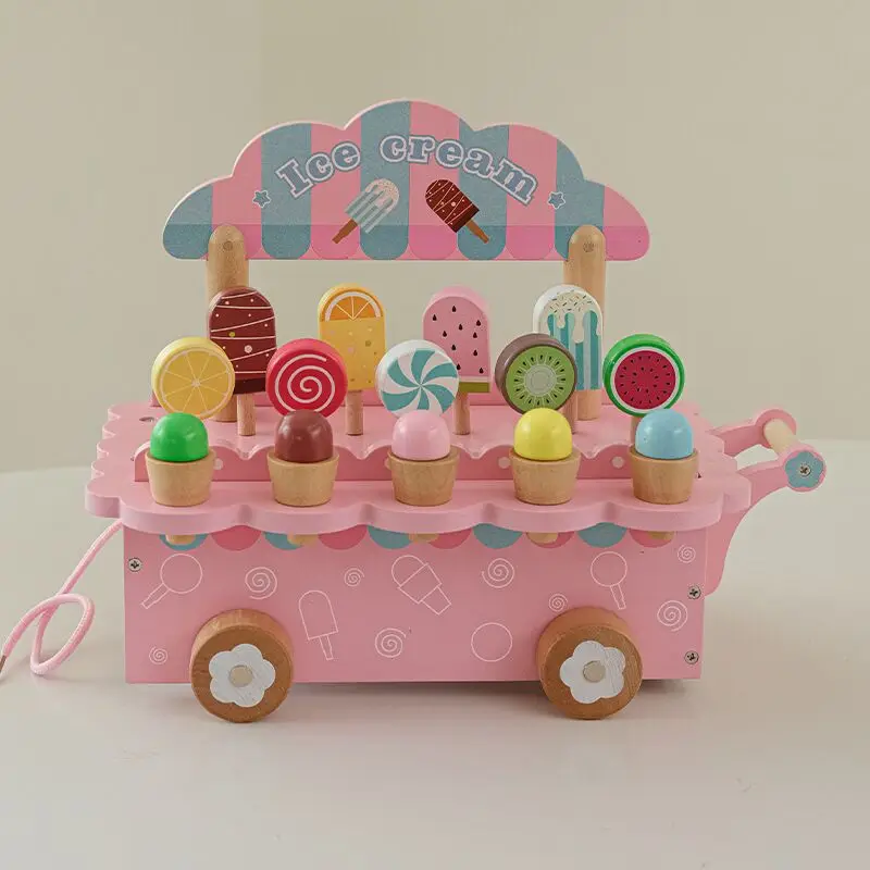 Carrinho de sorvete de madeira para crianças, conjunto de brinquedos, acessórios de cozinha para meninas, brincar de simulação