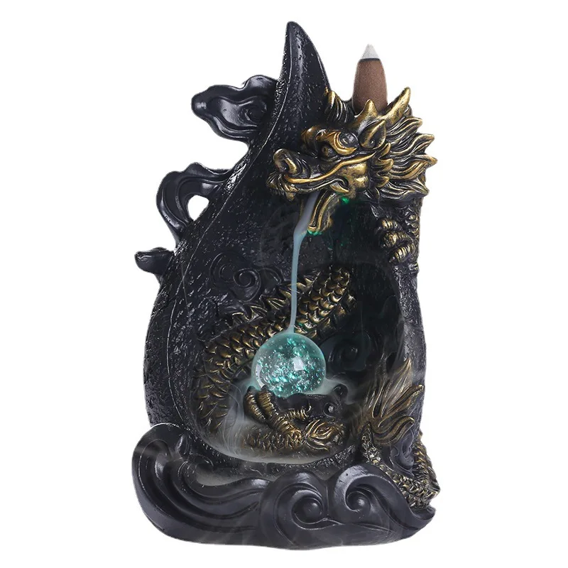 LED Dragon Backflow Incense Holder Waterfall Smoke Censer +20Backflow Cones Aromatherapy Ornament