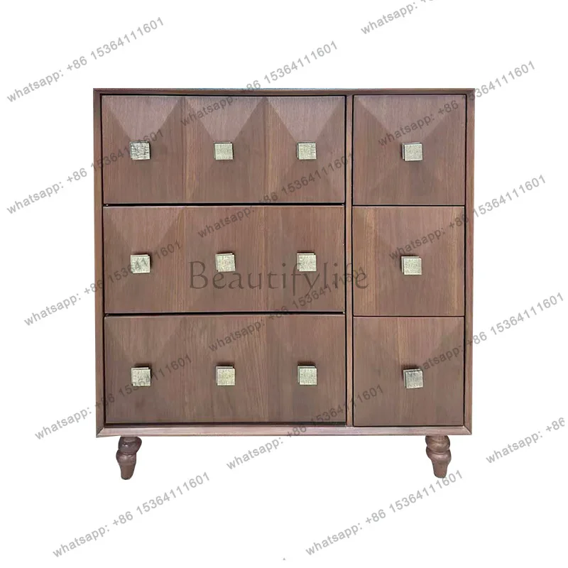 Mittelalterlicher Stil Massivholz Schlafzimmerschrank Retro-Schubladenschrank Wohnzimmer Bettende Sechsfächer-Aufbewahrungsschrank