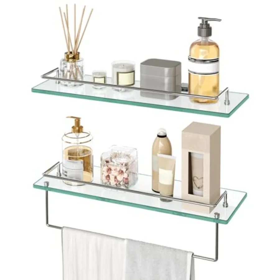 

Glass Shelves for Bathroom, 15.7 Inch Floating Glass Shelf for Wall, Set of 2 Tempered Stainless Steel Wall Mounted Stand for T