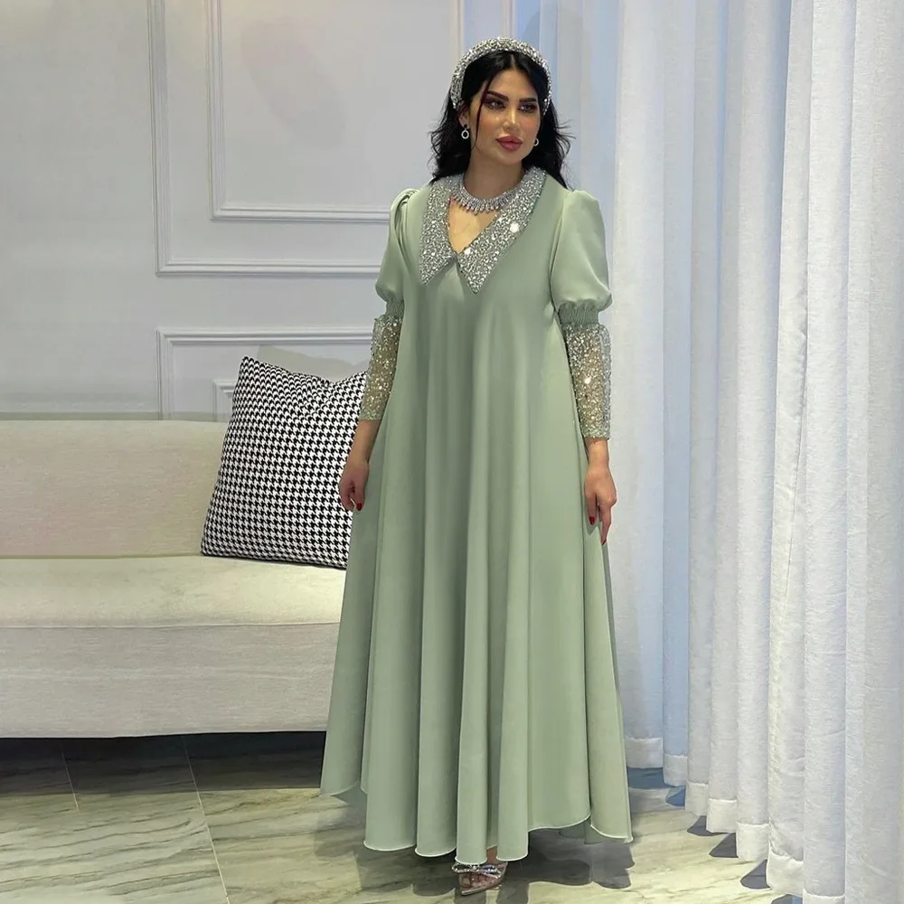 

Muslim Sequins Lady Robe Vintage Lantern Sleeve Party Gown Fashion Beaded V Neck Loose Long Dress for Women Islamic Clothing New