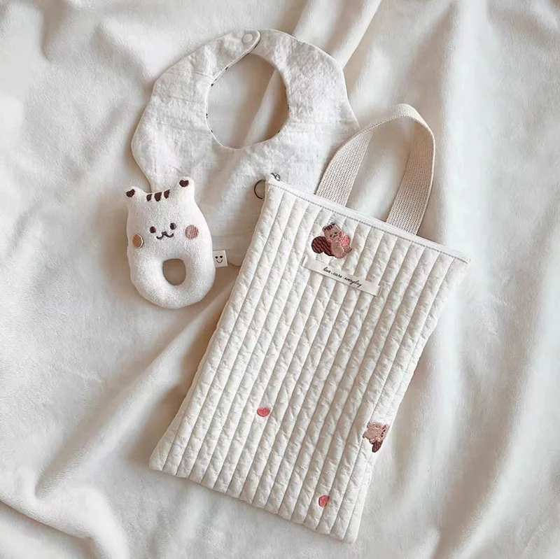 NEW Newborn Bottle Bags Cute Cartoon Bear Embroidery Mommy Bags Cotton Zipper Diaper Bags Baby Diaper Organizer Bag